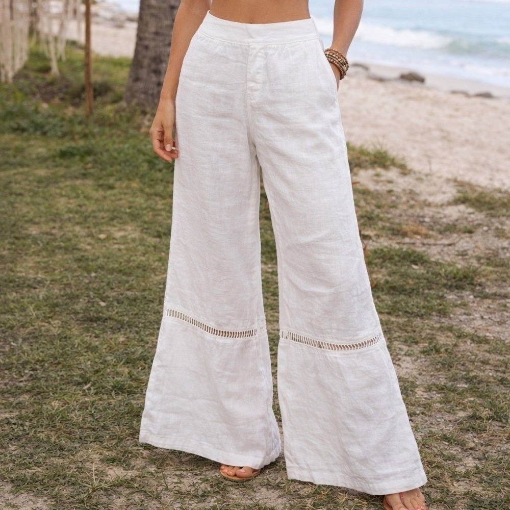 Mindset by XCVI White Linen Blend Wide Leg Boho Beach Pants Crochet Detail XL e3